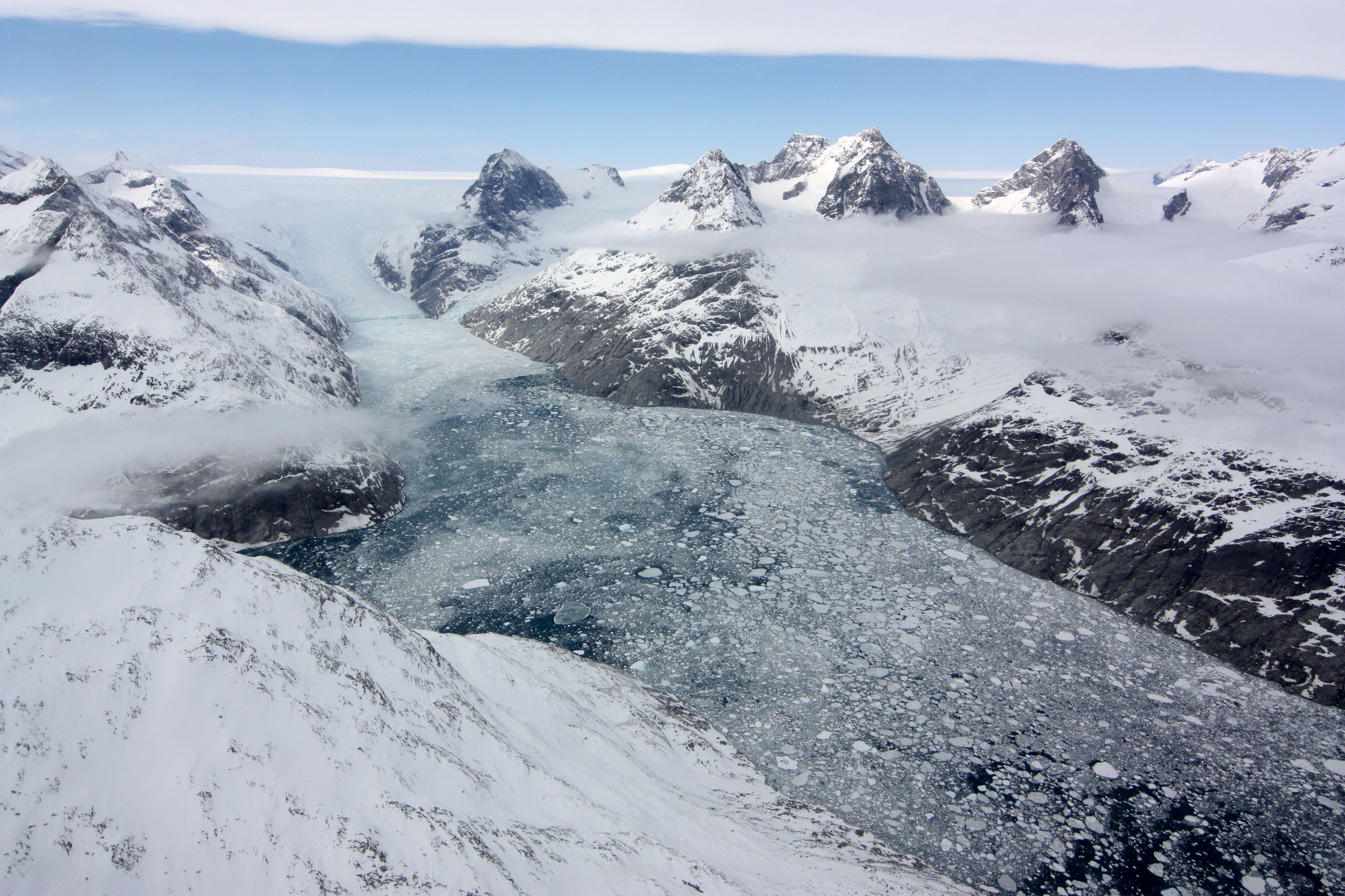 Optical imagery acquired during a NASA Operation IceBridge (OIB) flight at a glacier in the Southern Greenland, where a fjord with a marine-terminating glacier is observed as well as the ice tounge, icebergs, and sea ice of the mélange. 